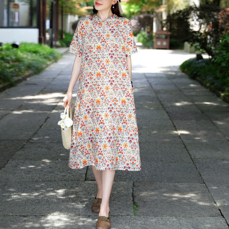 summer new cotton and linen dress travel literary retro improved cheongsam thin loose and thin dress women