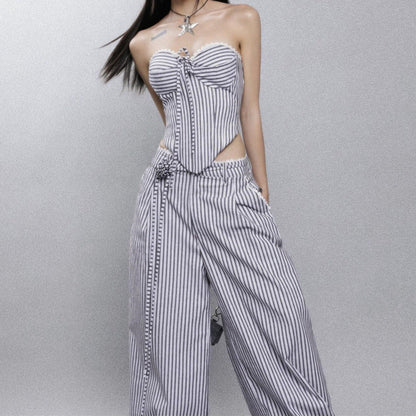 vmtvr date night outfit INS Summer New Irregular Strip Love Wrapped Chest Vest Women Loose Casual Trousers Striped Suit