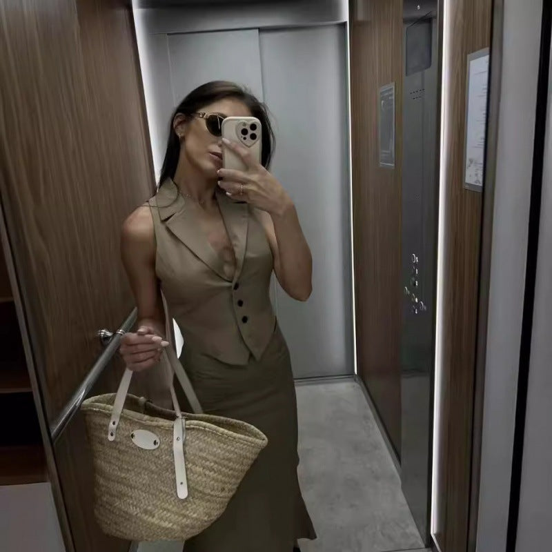 vmtvr business casual outfits for women 2024 Summer New American Hot Girl Back Opening Design Vest High Waist Fishtail Skirt Mid-Length Skirt Suit