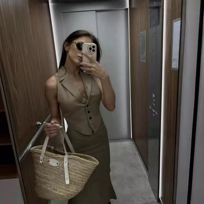 vmtvr business casual outfits for women 2024 Summer New American Hot Girl Back Opening Design Vest High Waist Fishtail Skirt Mid-Length Skirt Suit
