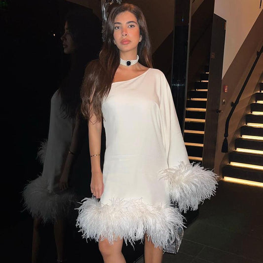 vmtvr - Elegant Feather Panel Dress Long Evening Dress