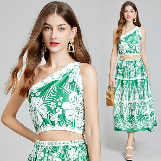 Real shot, summer new product asymmetrical design slanted shoulder suspender top + elastic waist skirt, two-piece set