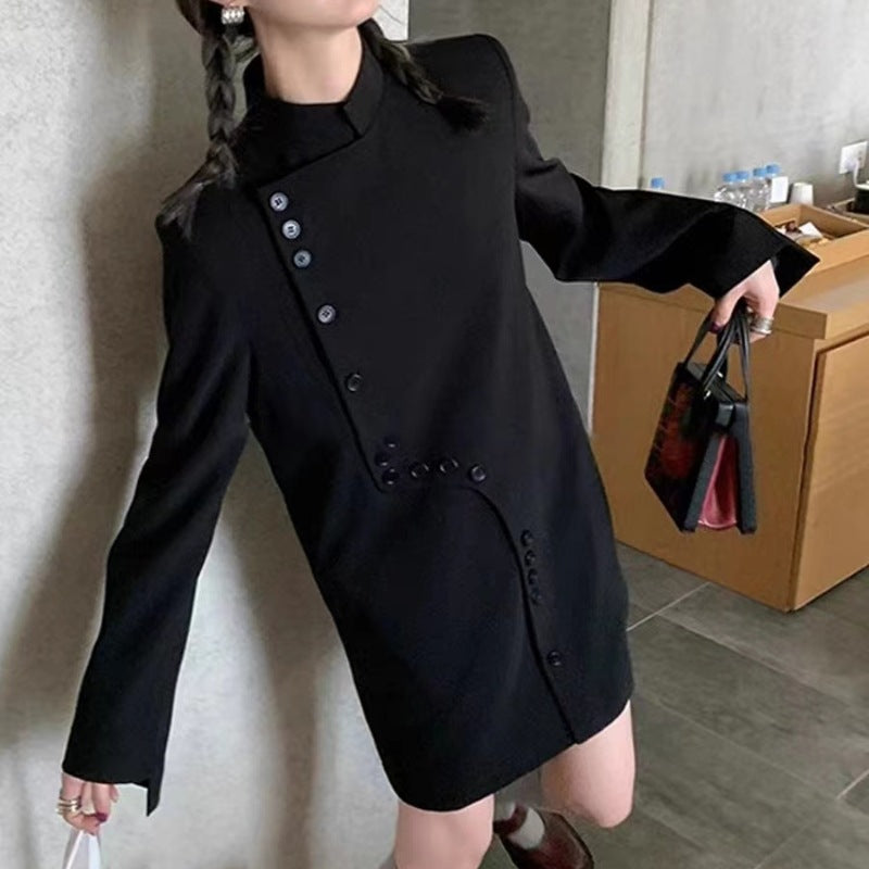 vmtvr leapord halloween outfit 2024 Spring and Autumn Fashion Korean Style Black Stand Collar High-Grade Korean Style Long Sleeve Dress Women's Fashion