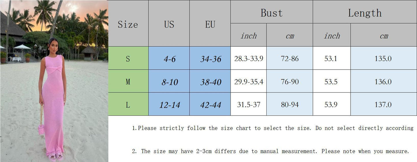 vmtvr  -  White Knitted Long Dress Women Sexy See Through Slim Beach Dress Summer Elegant Fashion Sleeveless Holiday Outfits Pink