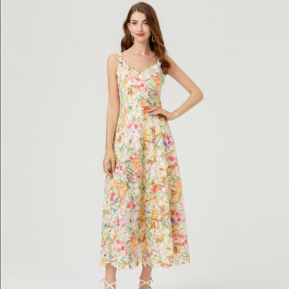Real shot,  niche color three-dimensional flower hollow embroidery suspender skirt women, water-soluble lace dress