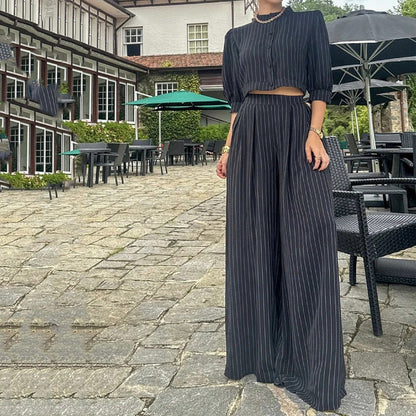 vmtvr 2000s fashion 2024 Women's Suit Summer Casual Striped Top Pants Two-Piece Black