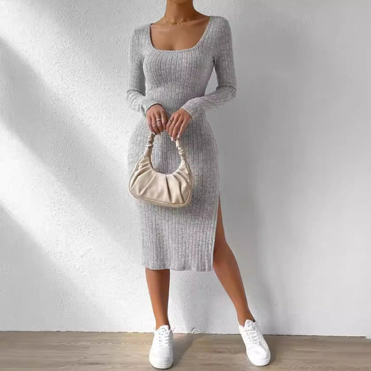 vmtvr y2k outfits Autumn and Winter Square Collar Long Sleeve Hem Slit Jacquard Brushed Dress Women