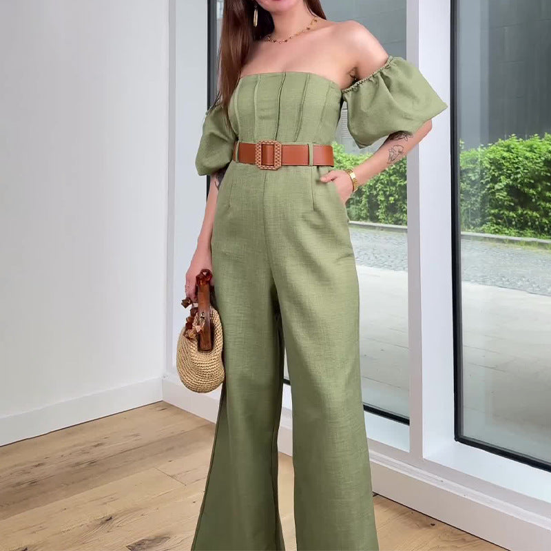 vmtvr 2024 fall fashion trends New Summer off-Shoulder Bubble Sleeve High Waist Belt Slim Temperament Jumpsuit