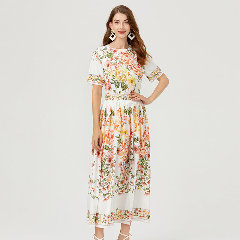 Summer new product positioning printed high-waisted pendulum dress, short-sleeved cotton A-shaped skirt