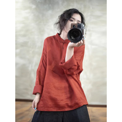 summer new exquisite handmade literary retro disc buckle stand-up collar literary loose long-sleeved solid color shirt women
