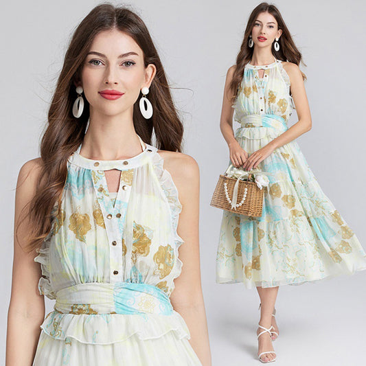 Real shot, flower celebrity temperament suspender gold wire strip new neck dress + tube top suspender two-piece set