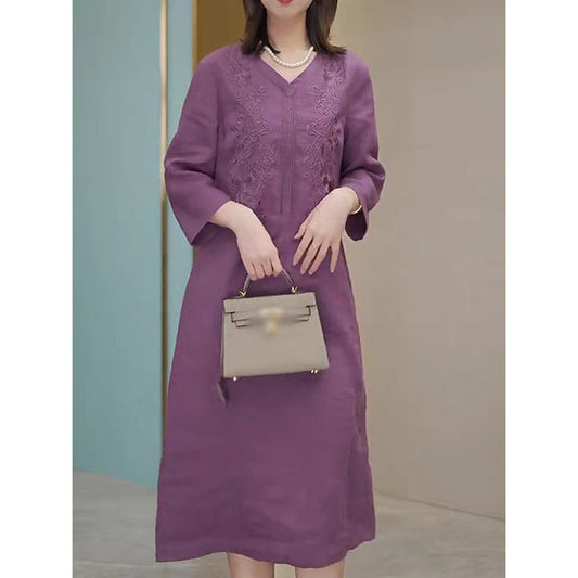 Light luxury high-end sub-cotton and linen dress  summer new literary heavy industry embroidery temperament loose dress