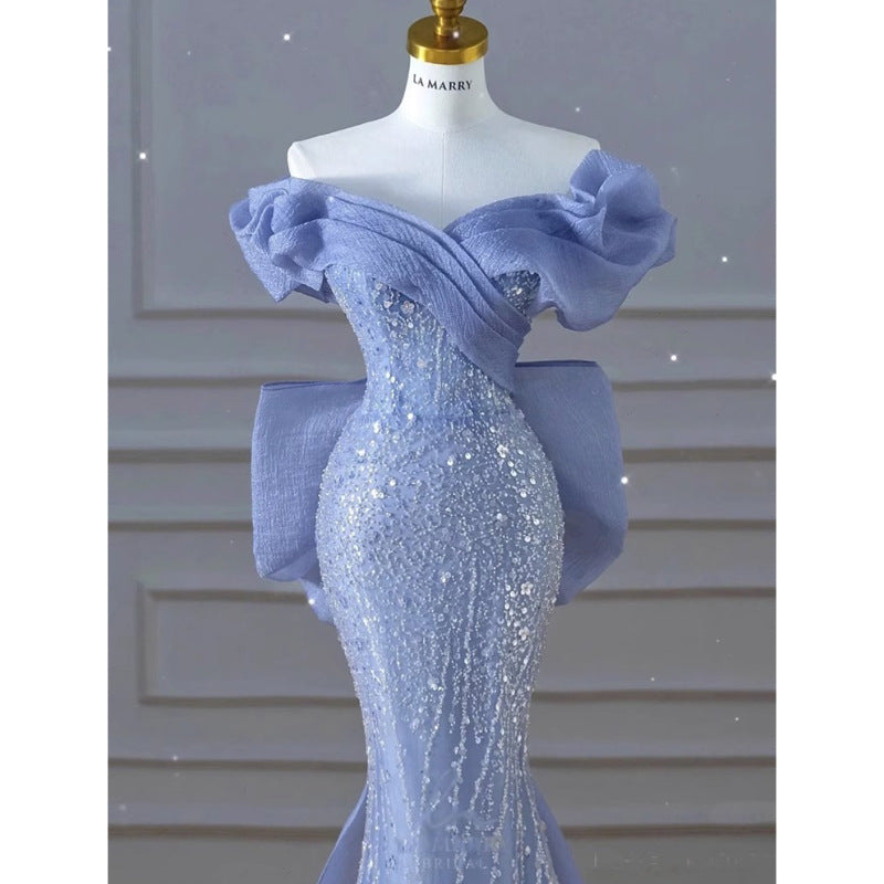 vmtvr dresses off-Shoulder Blue Evening Dress High-End Light Luxury Niche Fishtail Sequined Host High-Grade Trailing Vocal Music