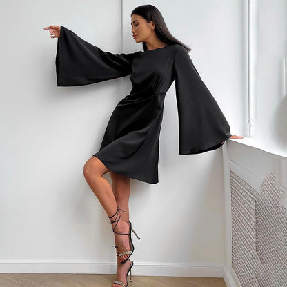 vmtvr birthday outfit 2024 Fashion Satin Dress Sexy Bell Sleeve Spring and Summer New High Waist Commuter A- line Skirt for Women