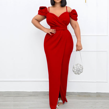 2025 D181 Free Belt  Off-Shoulder Suspender Solid Color V-Neck Sexy Hip Wrap Long Dress Dress 2025 Dress