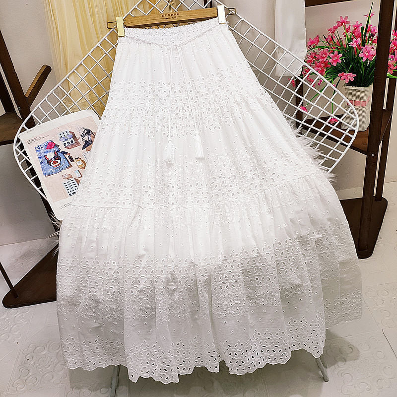 vmtvr skirt outfits 2024 Spring Heavy-Duty Lace Skirt Women's High Waist Stitching Crocheted Fairy Large Swing A- line Midi Skirt Summer