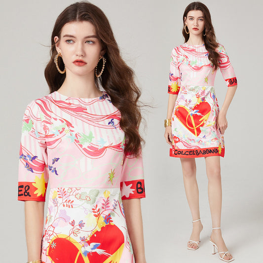 Real shot, spring and summer new product simple style round neck printed high waist and thin dress, medium sleeve A-shaped skirt