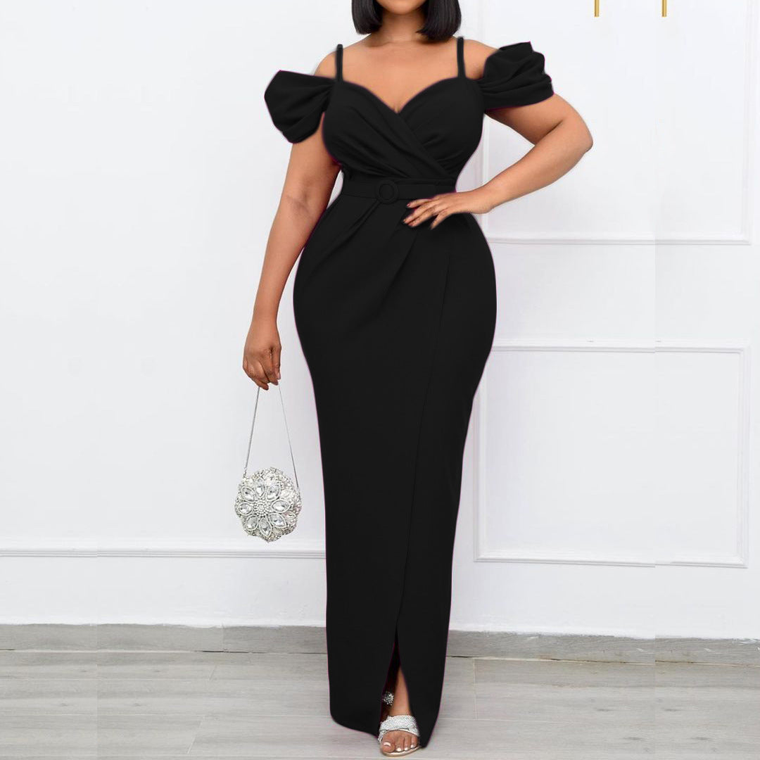 2025 D181 Free Belt  Off-Shoulder Suspender Solid Color V-Neck Sexy Hip Wrap Long Dress Dress 2025 Dress