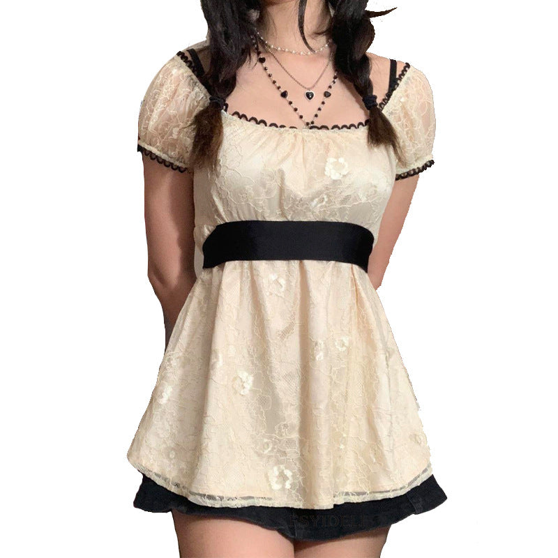 vmtvr pop culture dress to impress New Lace Top Women's Tight Waist Mesh Lace Shirt Mid-Length Short Sleeve Lace T-shirt