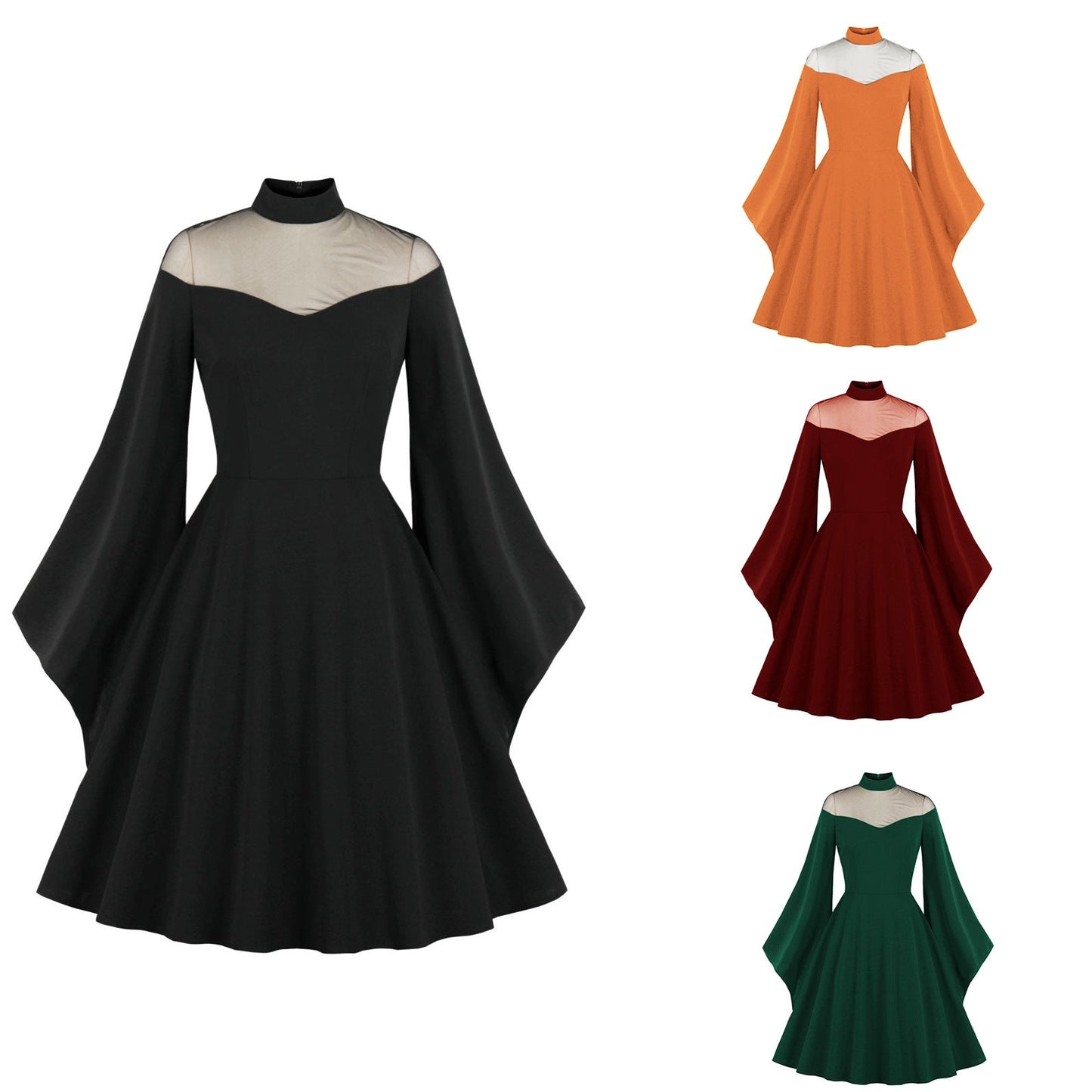 vmtvr dress to impress retro glamour E-Commerce New Halloween Black Queen Mesh Bell Sleeve Stitching Retro Dress 3067