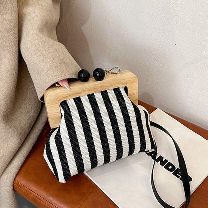 VMTVR 2025  new women's bag striped canvas wooden clip clutch bag fashionable and exquisite Internet celebrity same shoulder messenger bag