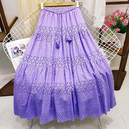 vmtvr skirt outfits 2024 Spring Heavy-Duty Lace Skirt Women's High Waist Stitching Crocheted Fairy Large Swing A- line Midi Skirt Summer
