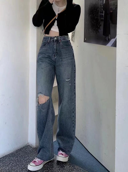 vmtvr outfit inspo Light Blue Women's Wide-Leg Jeans Summer New Fashion High Waist Loose Micro-Pull Mop Pants Ins