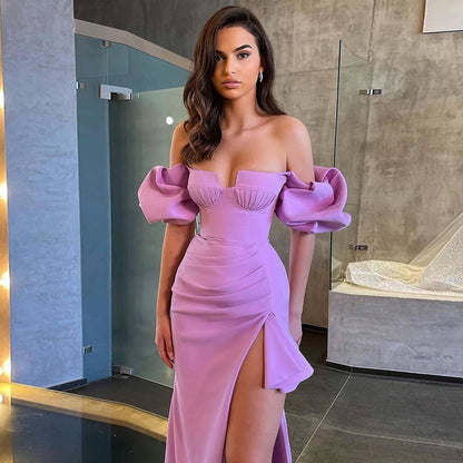 vmtvr rainforest dress to impress Summer New Purple Puff Sleeve off-Shoulder Ruffled Mid-Length Bandage Dress Sexy Tight Style