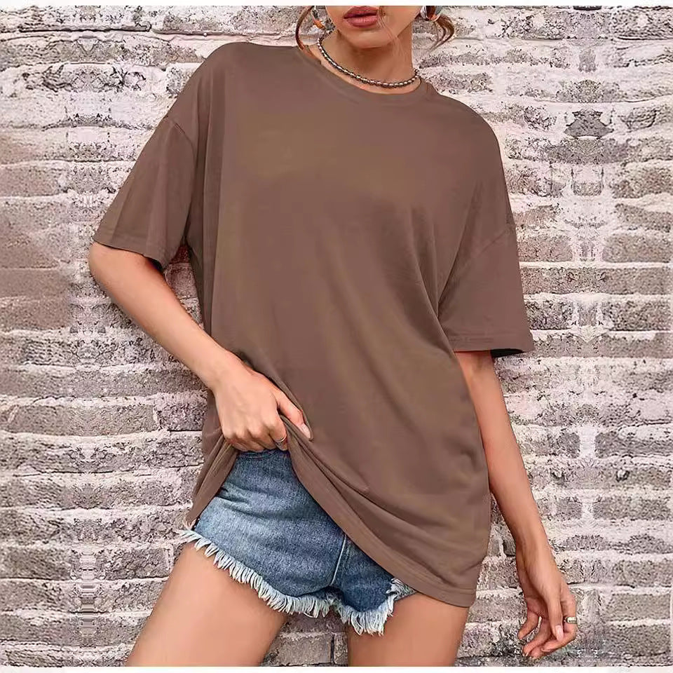 vmtvr 90s fashion 2024 Summer New Women's Solid Color Casual Fashion plus Size Loose round Neck Short Sleeve T-shirt