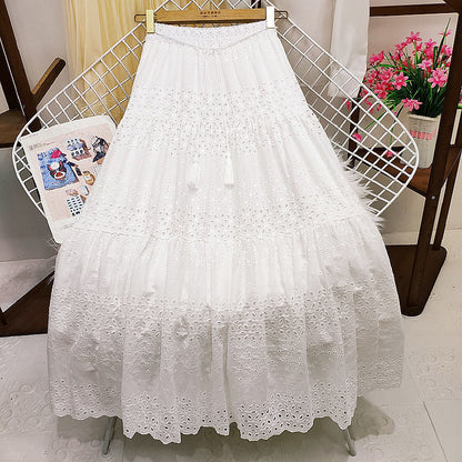 vmtvr skirt outfits 2024 Spring Heavy-Duty Lace Skirt Women's High Waist Stitching Crocheted Fairy Large Swing A- line Midi Skirt Summer