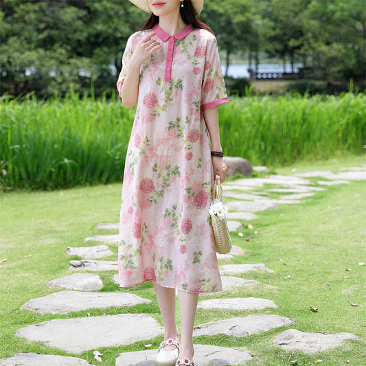 summer new cotton and linen printing retro literary large size loose looking thin medium and long dress women