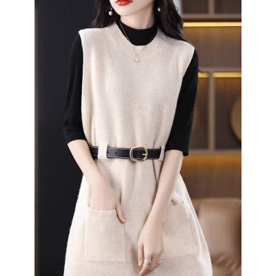 vmtvr datenight fall outfits Double-Pocket Long Vest Autumn and Winter round Neck Mid-Length Sleeveless Knitted Dress Fashionable Temperament Vest Dress for Women