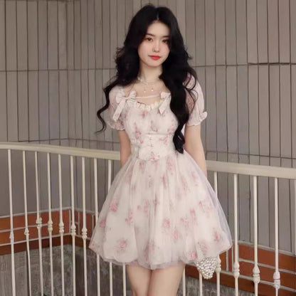 vmtvr outfit inspo Pink Floral Dress Women's Summer 2024 New Elegant Socialite Sweet Waist Princess Style Fluffy Short Skirt