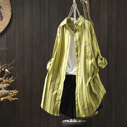 Cotton and linen vertical striped shirt jacket women's thin retro medium and long sunscreen casual versatile and thin long-sleeved shirt