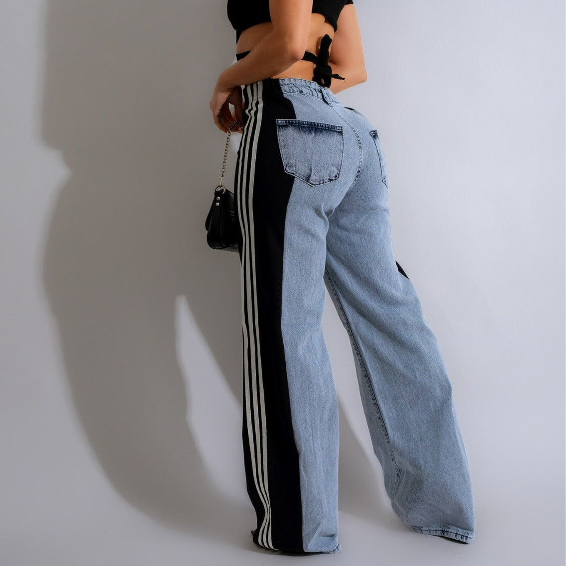 vmtvr 2000s fashion 2024 Summer Fashion Stitching Three Striped Wide Leg Denim Trousers Women's New Casual High Waist Stretch Straight Pants