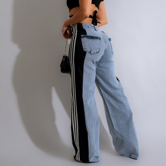 vmtvr 2000s fashion 2024 Summer Fashion Stitching Three Striped Wide Leg Denim Trousers Women's New Casual High Waist Stretch Straight Pants