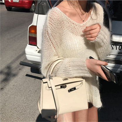 outfit inspo Hollow-out Knitted Blouse Early Autumn New Loose Outer Wear Lazy Pullover Mohair Thin Sweater