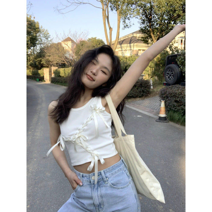 vmtvr 2000s fashion 2024 New American Hot Girl Ribbon Summer Fashion Street Bow Lace-up Hollow Sleeveless Vest Fashion