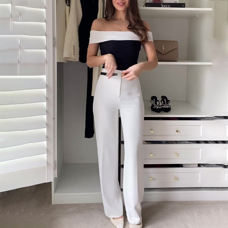 vmtvr work outfits women Summer 2024 New off-Shoulder Contrast Color Fashion Straight Trousers Two-Piece Set
