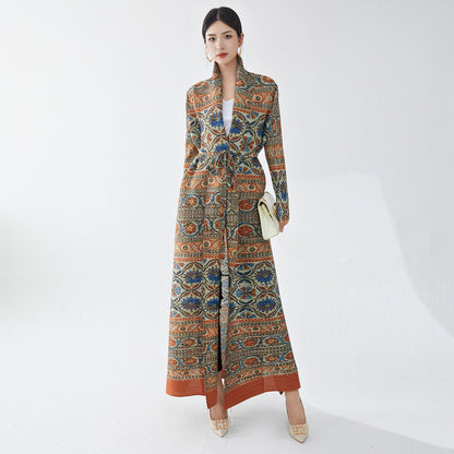 2025 Hot trade robe women's dress women's long dress high sense retro printing ethnic style lapel loose cardigan skirt