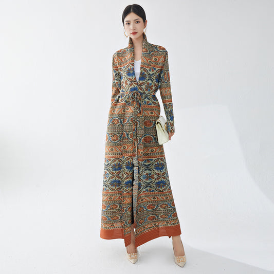 2025 Hot trade robe women's dress women's long dress high sense retro printing ethnic style lapel loose cardigan skirt