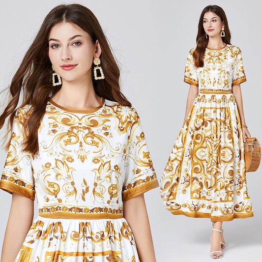 493 #new color in the real shot, new product positioning in summer, printed pendulum dress, short-sleeved A-shaped skirt.