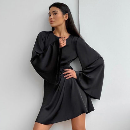 vmtvr birthday outfit 2024 Fashion Satin Dress Sexy Bell Sleeve Spring and Summer New High Waist Commuter A- line Skirt for Women