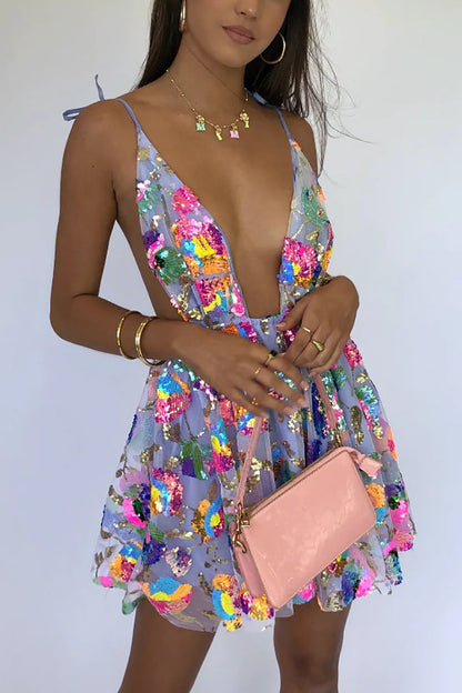 vmtvr Rainbow Sequin Open Back Slip Mini Dress