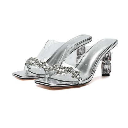 2025 popular-2 summer new transparent word with V-shaped sandals outside wearing temperament sexy square head thick heel high heel sandals