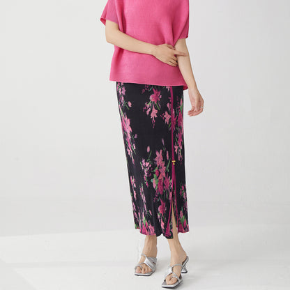 2025 National style retro skirt summer women's medium and long hot-selling printed split-ended temperament elegant high waist pleated hip skirt