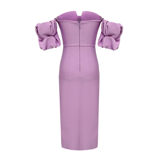 vmtvr rainforest dress to impress Summer New Purple Puff Sleeve off-Shoulder Ruffled Mid-Length Bandage Dress Sexy Tight Style