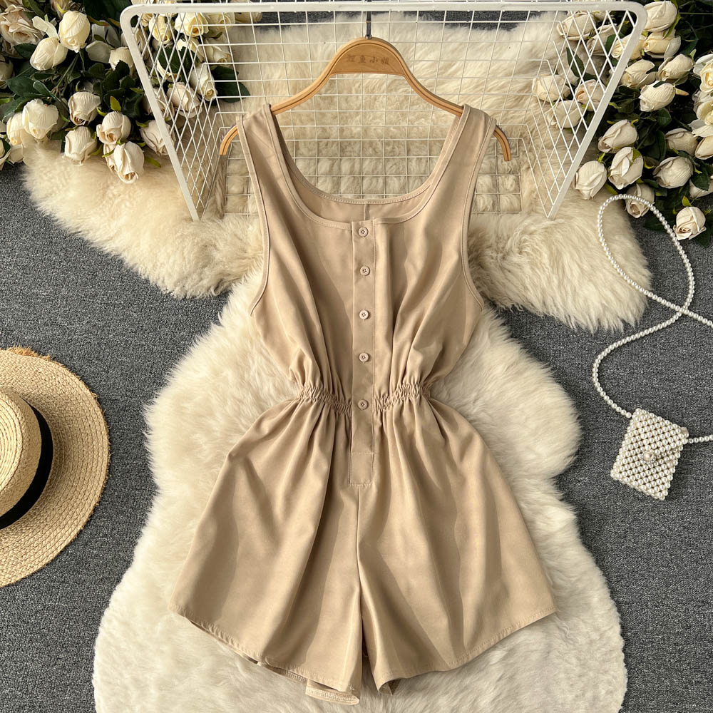 vmtvr going out outfits Summer New Ins Seaside Holiday Style Solid Color Wide-Leg One-Piece Shorts Women's Single-Breasted U-Neck Suspender Jumpsuit Pants