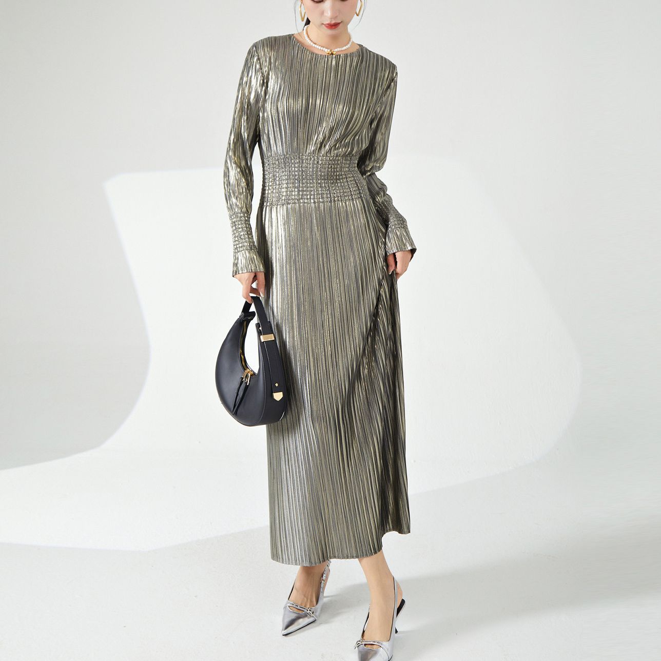 2025 High-end bronzing dress long-sleeved skirt autumn women's high-end Shenzhen Nanyou New women's clothing bottomed dress