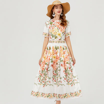 Summer new product positioning printed high-waisted pendulum dress, short-sleeved cotton A-shaped skirt